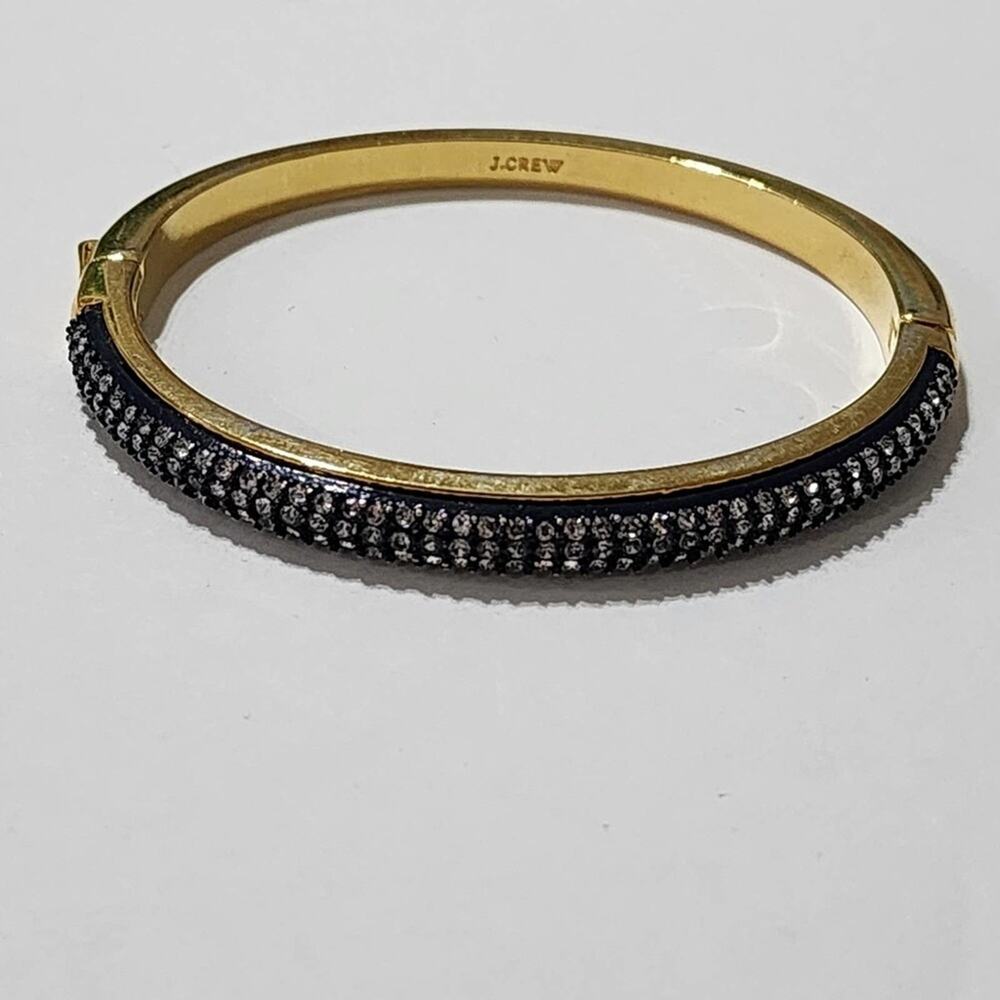 J. Crew Gold Tone Pave Crystal Hinge Bangle Bracelet Black Sparkle with Dust Bag - Picture 4 of 7